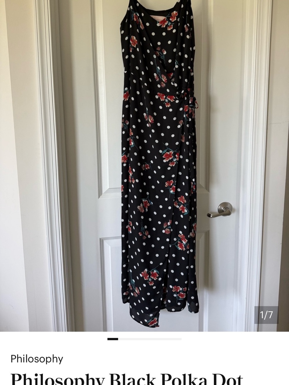 Philosophy Black Polka Dot Maxi Dress with Red Floral Accents